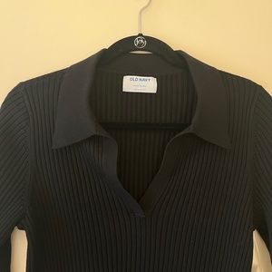NWT Old Navy Women's Black Collared Long Sleeve V-Neck Ribbed Sweater